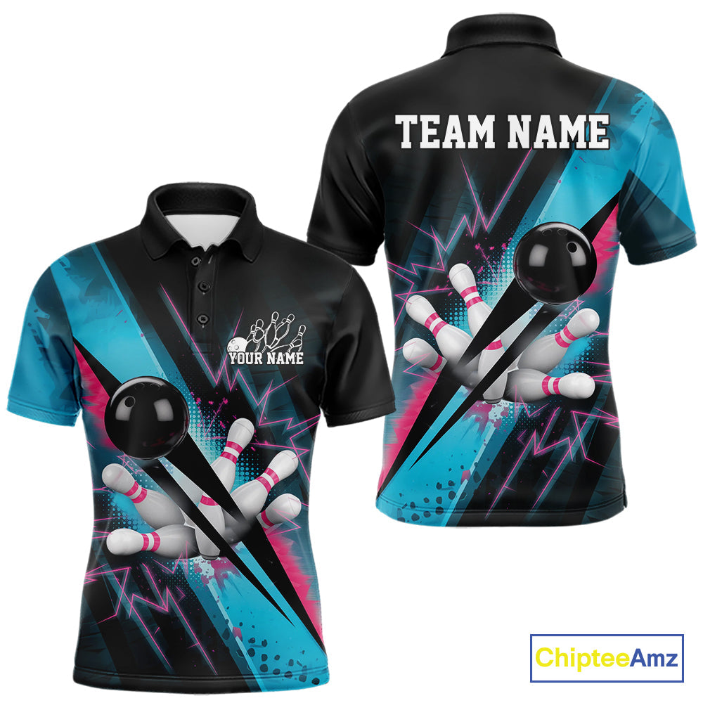 Custom Blue And Pink Synthwave Style Bowling Polo Shirts For Men, Team Bowling League Shirt IPHW9514