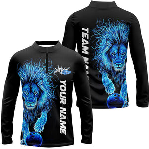 Blue Lion Custom Bowling Long Sleeve Quarter-Zip Shirts For Men, Lion Bowling Team Shirt Bowler Outfits IPHW7527