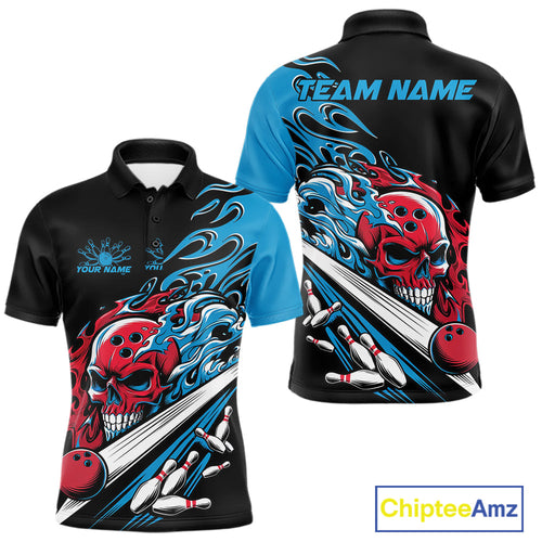 Custom Blue And Red Flame Skull Bowling Polo Shirt For Men, Halloween Bowling Jersey IPHW9888