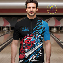 Load image into Gallery viewer, Custom Blue And Red Flame Skull Bowling Quarter-Zip Shirt For Men, Halloween Bowling Jersey IPHW9888