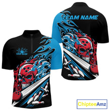 Load image into Gallery viewer, Custom Blue And Red Flame Skull Bowling Quarter-Zip Shirt For Men, Halloween Bowling Jersey IPHW9888