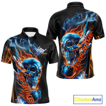 Load image into Gallery viewer, Custom Blue And Orange Fire Flame Strike Skull Bowling Men Polo Shirt, Halloween Outfit IPHW9890