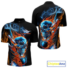 Load image into Gallery viewer, Custom Blue And Orange Fire Flame Strike Skull Bowling Men Quarter-Zip Shirt, Halloween Outfit IPHW9890