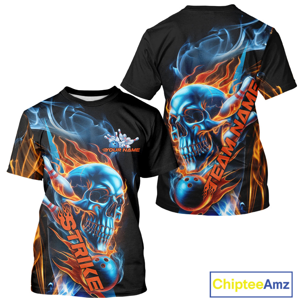 Custom Blue And Orange Fire Flame Strike Skull Bowling Men T-Shirts Shirt, Halloween Outfit IPHW9890