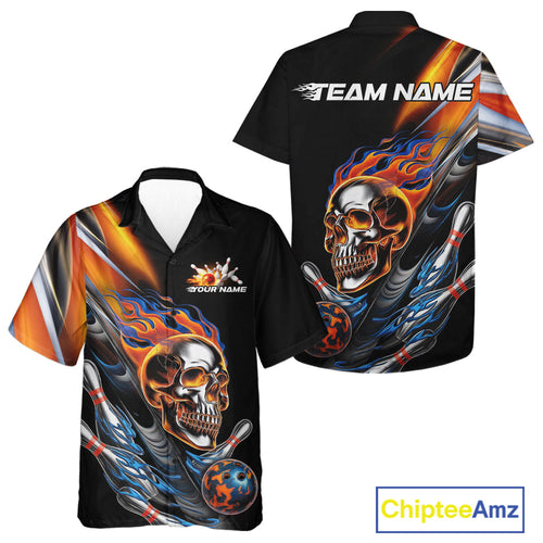 Custom Fire Flame Metal Skull Bowling Men And Women Hawaiian Shirt, Halloween Bowler Outfits IPHW9891