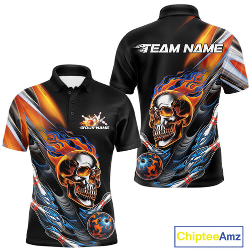 Custom Fire Flame Metal Skull Bowling Men Polo Shirt, Halloween Bowler Outfits IPHW9891