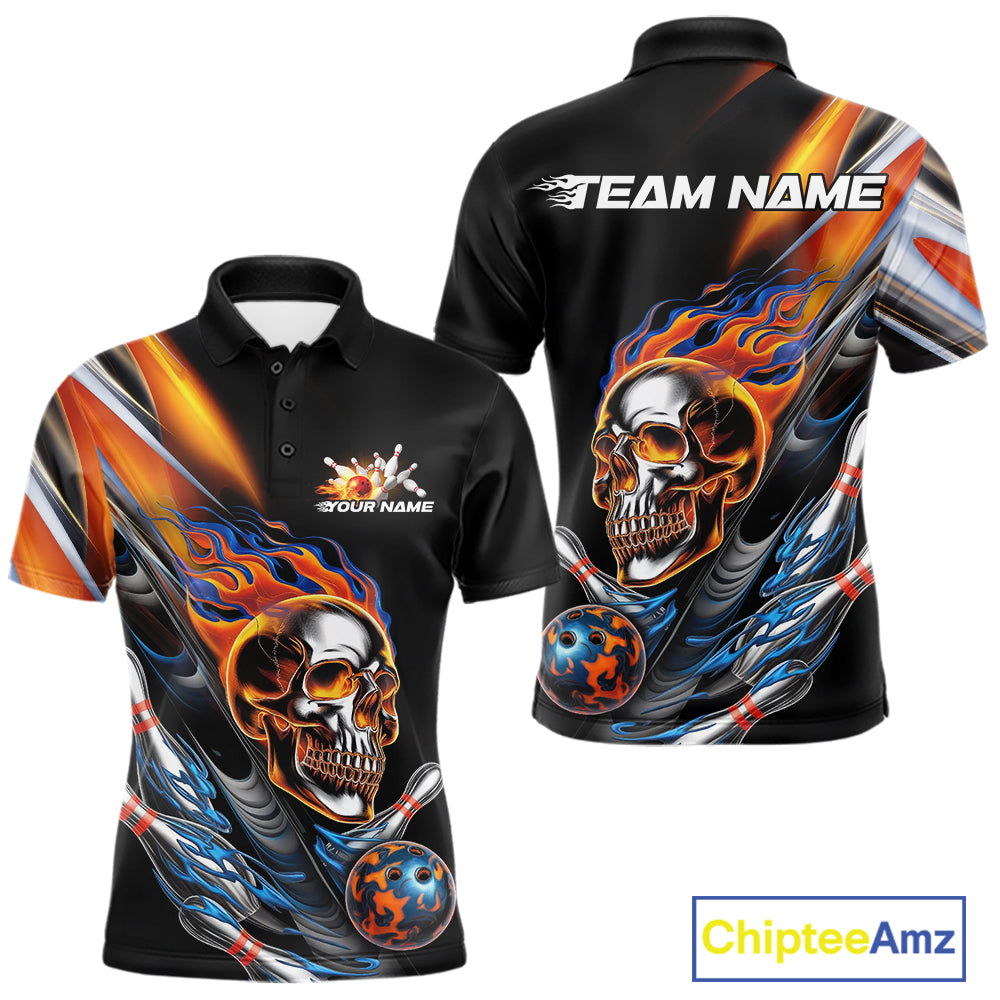 Custom Fire Flame Metal Skull Bowling Men Polo Shirt, Halloween Bowler Outfits IPHW9891