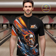 Load image into Gallery viewer, Custom Fire Flame Metal Skull Bowling Men Quarter-Zip Shirt, Halloween Bowler Outfits IPHW9891