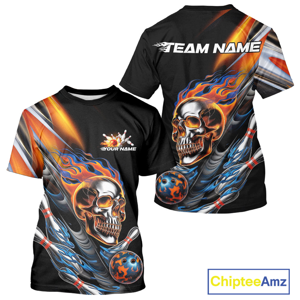 Custom Fire Flame Metal Skull Bowling Men T-Shirts Shirt, Halloween Bowler Outfits IPHW9891
