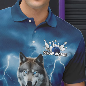 Blue Thunder Lightning Custom Wolf Bowling Polo Shirts For Men, Wolf Bowling Team Shirt IPHW8424