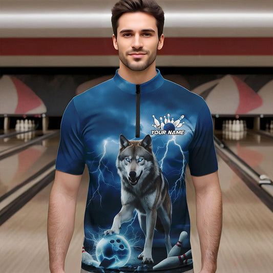 Blue Thunder Lightning Custom Wolf Bowling Quarter-Zip Shirts For Men, Wolf Bowling Team Shirt IPHW8424