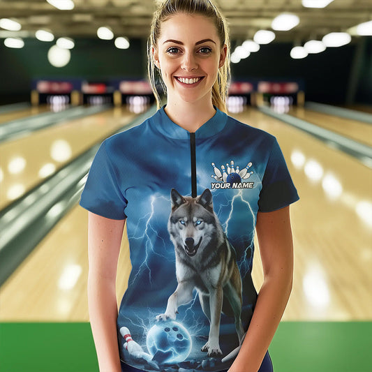 Blue Thunder Lightning Custom Wolf Bowling Womens Quarter-Zip Shirts, Bowling Team Shirt IPHW8424