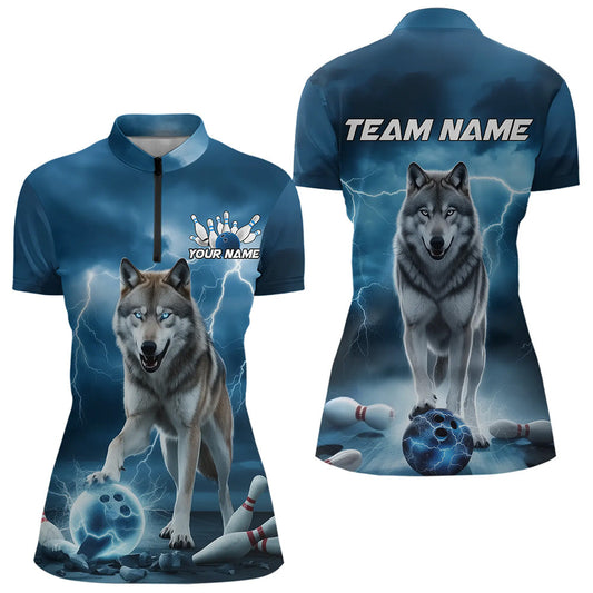 Blue Thunder Lightning Custom Wolf Bowling Womens Quarter-Zip Shirts, Bowling Team Shirt IPHW8424