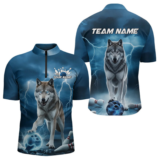 Blue Thunder Lightning Custom Wolf Bowling Quarter-Zip Shirts For Men, Wolf Bowling Team Shirt IPHW8424