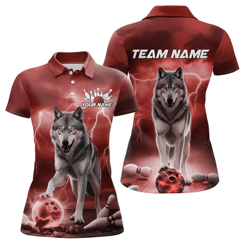 Red Thunder Lightning Custom Wolf Bowling Polo Shirts For Women, Wolf Bowling Team Shirt IPHW8425