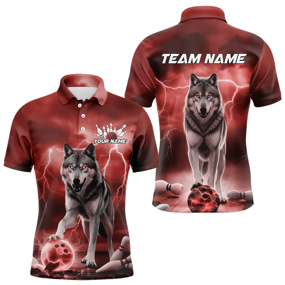 Red Thunder Lightning Custom Wolf Bowling Polo Shirts For Men, Wolf Bowling Team Shirt IPHW8425