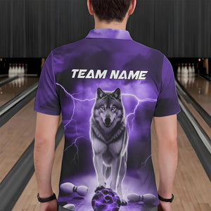 Purple Thunder Lightning Custom Wolf Bowling Polo Shirts For Men, Wolf Bowling Team Shirt IPHW8426