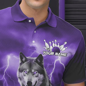 Purple Thunder Lightning Custom Wolf Bowling Polo Shirts For Men, Wolf Bowling Team Shirt IPHW8426