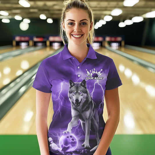 Purple Thunder Lightning Custom Wolf Bowling Polo Shirts For Women, Wolf Bowling Team Shirt IPHW8426
