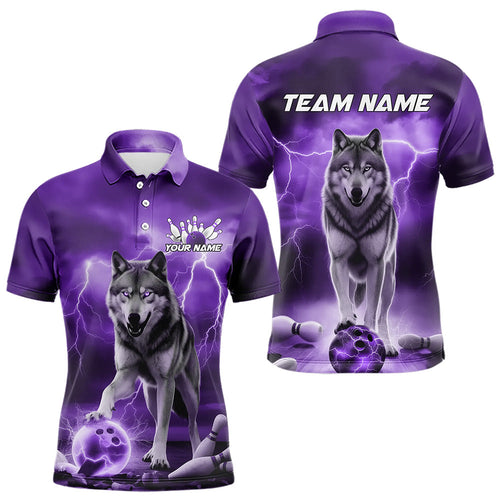 Purple Thunder Lightning Custom Wolf Bowling Polo Shirts For Men, Wolf Bowling Team Shirt IPHW8426
