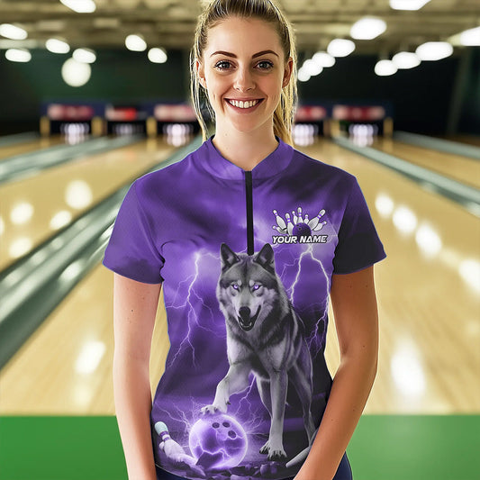 Purple Thunder Lightning Custom Wolf Bowling Womens Quarter-Zip Shirts, Bowling Team Shirt IPHW8426