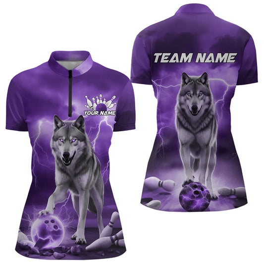 Purple Thunder Lightning Custom Wolf Bowling Womens Quarter-Zip Shirts, Bowling Team Shirt IPHW8426