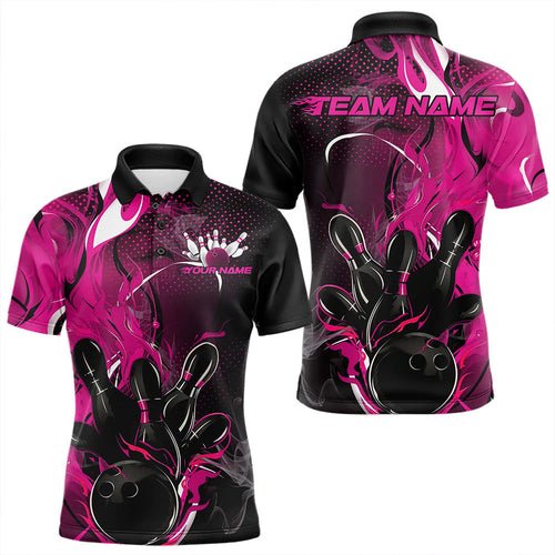 Black And Pink Custom Flame Bowling Polo Shirts For Men, Fire Bowling League Team Shirt IPHW8630