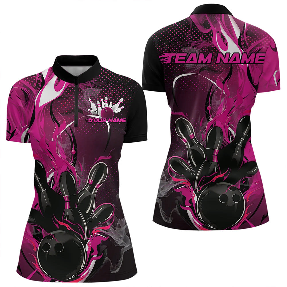 Black And Pink Custom Flame Bowling Womens Quarter-Zip Shirts, Fire Bowling League Shirt IPHW8630