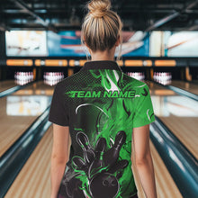 Load image into Gallery viewer, Black And Green Custom Flame Bowling Polo Shirts For Women, Fire Bowling League Team Shirt IPHW8632