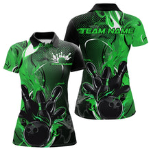 Load image into Gallery viewer, Black And Green Custom Flame Bowling Polo Shirts For Women, Fire Bowling League Team Shirt IPHW8632