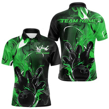 Load image into Gallery viewer, Black And Green Custom Flame Bowling Polo Shirts For Men, Fire Bowling League Team Shirt IPHW8632