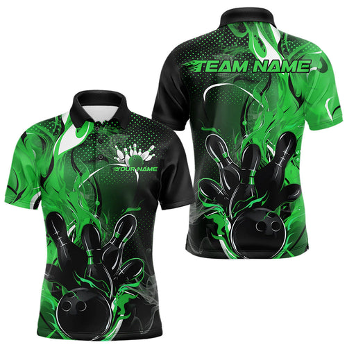 Black And Green Custom Flame Bowling Polo Shirts For Men, Fire Bowling League Team Shirt IPHW8632
