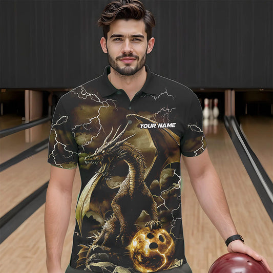 Black And Gold Thunder Lightning Custom Dragon Bowling Team Shirts For Men, Bowling Uniform IPHW8634