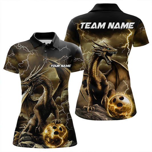 Black And Gold Thunder Lightning Custom Dragon Womens Bowling Team Shirts, Bowling Uniform IPHW8634
