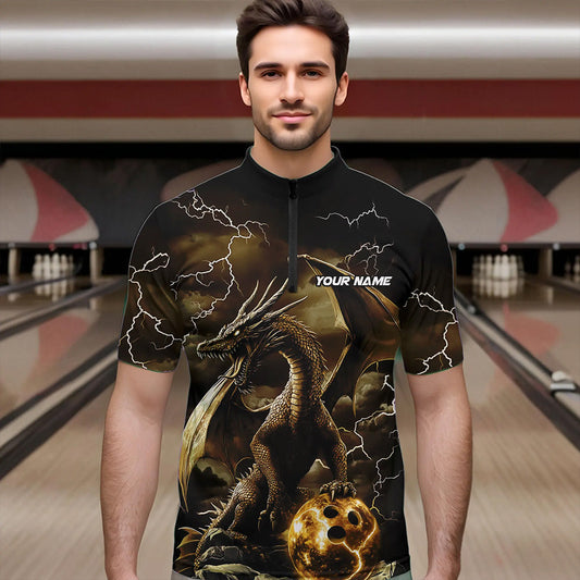 Black And Gold Thunder Lightning Custom Dragon Bowling Team Shirts For Men, Bowling Uniform IPHW8634