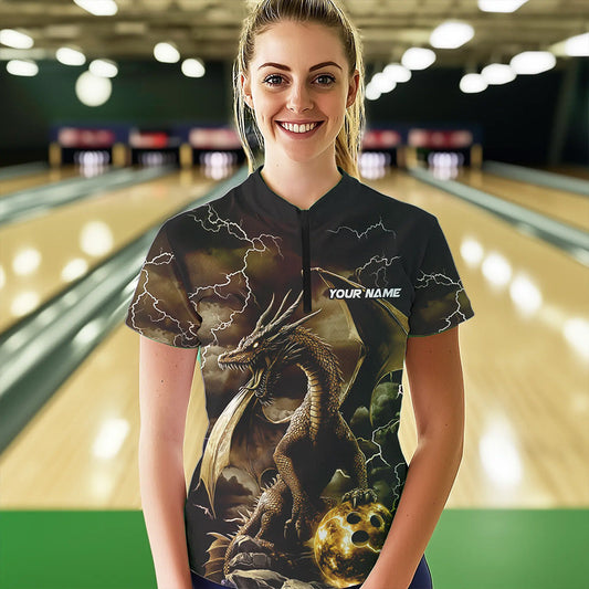 Black And Gold Thunder Lightning Custom Dragon Womens Bowling Team Shirts, Bowling Uniform IPHW8634