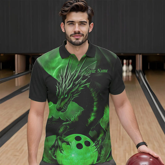 Black And Green Custom Dragon Bowling Polo Shirts For Men, Dragon Bowling League Shirt IPHW8644