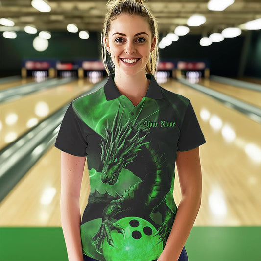 Black And Green Custom Dragon Bowling Polo Shirts For Women, Dragon Bowling League Shirt IPHW8644