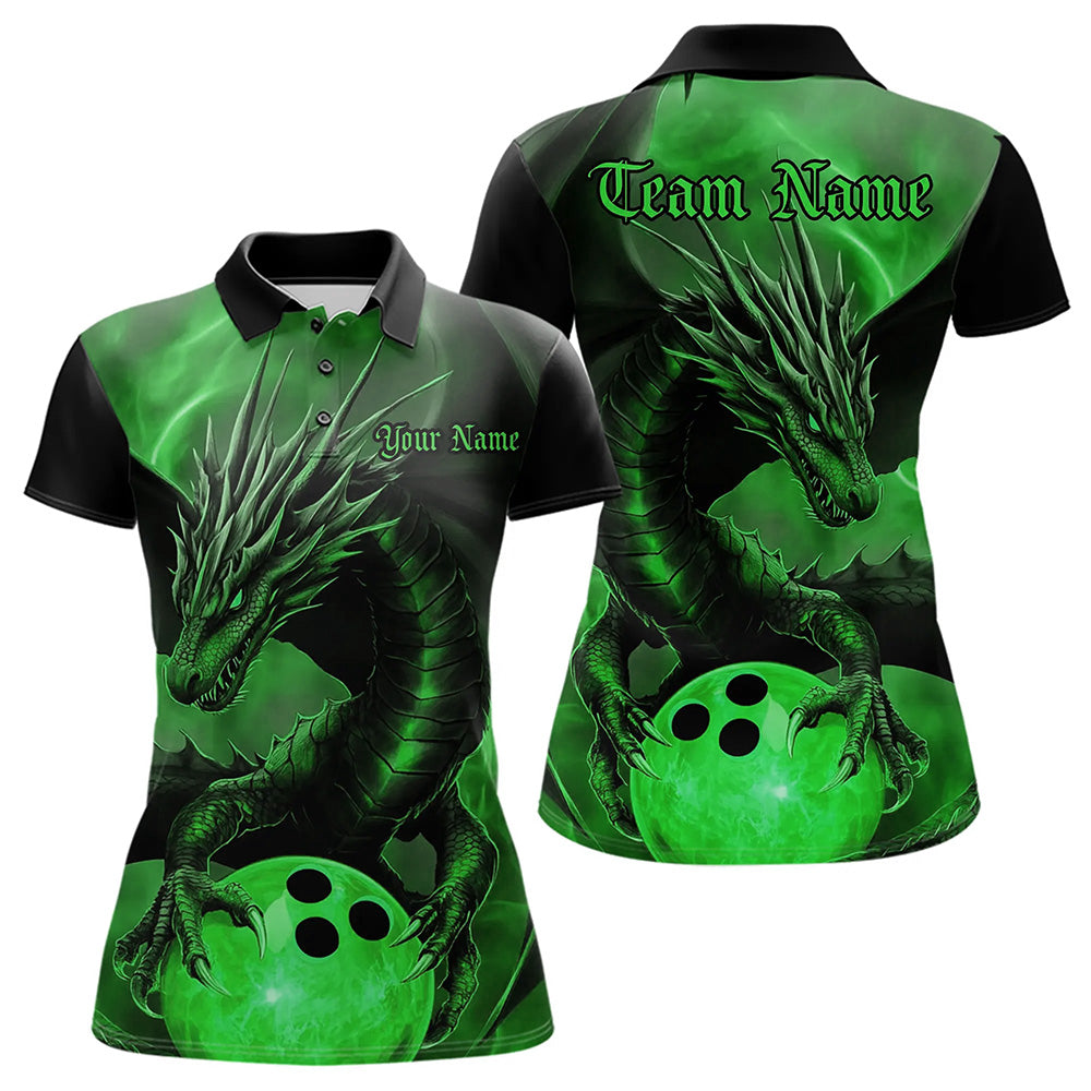Black And Green Custom Dragon Bowling Polo Shirts For Women, Dragon Bowling League Shirt IPHW8644