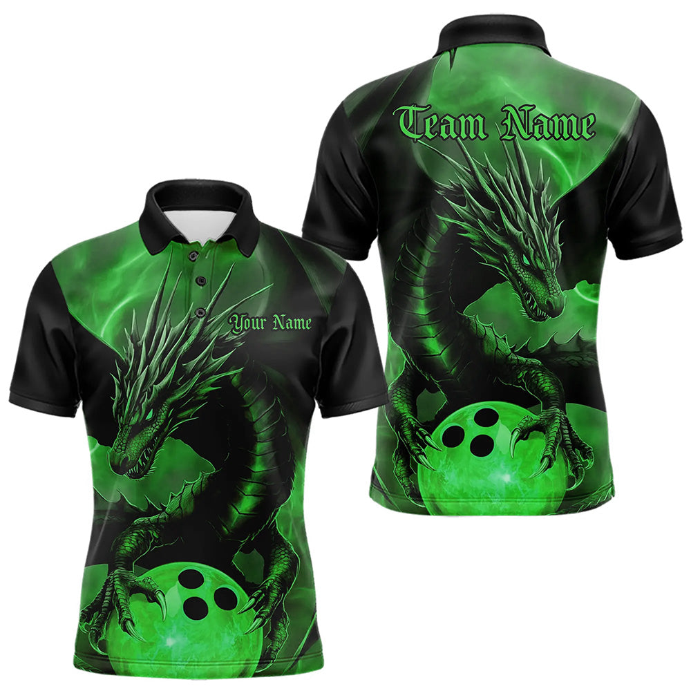 Black And Green Custom Dragon Bowling Polo Shirts For Men, Dragon Bowling League Shirt IPHW8644