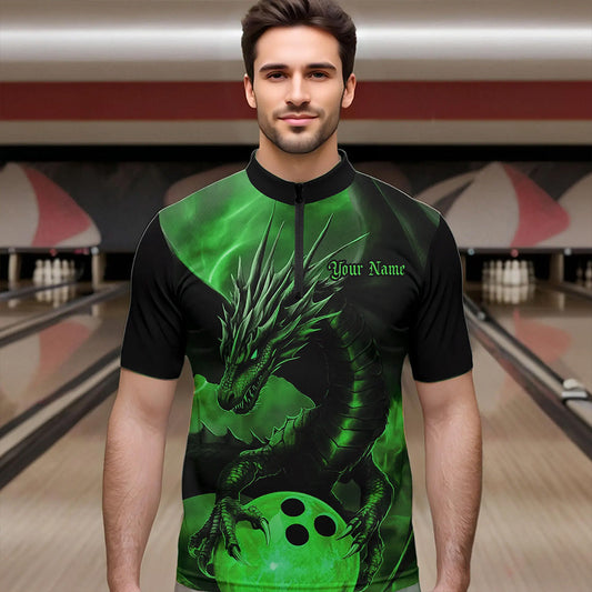 Black And Green Custom Dragon Bowling Quarter-Zip Shirts For Men, Dragon Bowling League Shirt IPHW8644