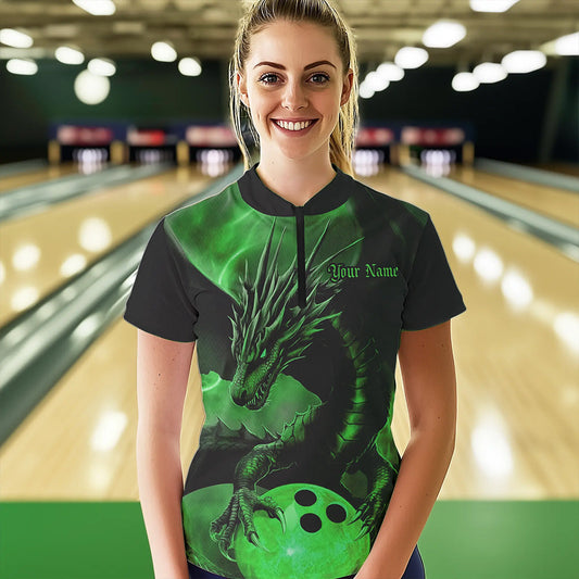 Black And Green Custom Dragon Bowling Quarter-Zip Shirts For Women, Bowling League Shirt IPHW8644