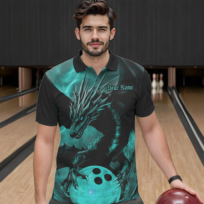 Black And Turquoise Blue Custom Dragon Bowling Polo Shirts For Men, Dragon Bowling League Shirt IPHW8645