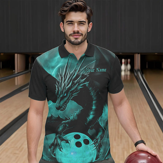 Black And Turquoise Blue Custom Dragon Bowling Polo Shirts For Men, Dragon Bowling League Shirt IPHW8645