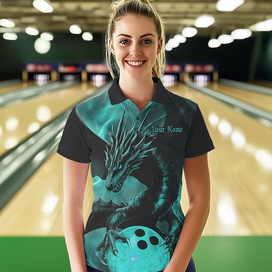 Black And Turquoise Blue Custom Dragon Bowling Womens Polo Shirts, Bowling League Shirt IPHW8645