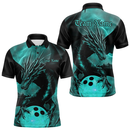 Black And Turquoise Blue Custom Dragon Bowling Polo Shirts For Men, Dragon Bowling League Shirt IPHW8645