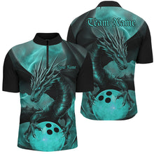 Load image into Gallery viewer, Black And Turquoise Blue Custom Dragon Bowling Quarter-Zip Shirts For Men, Bowling League Shirt IPHW8645