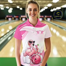 Load image into Gallery viewer, Female model wearing a pink bowling polo shirt at a bowling lane with a stylish flamingo, cocktail, and bowling ball motif.