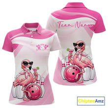 Load image into Gallery viewer, Front and back display of a pink women’s bowling polo shirt featuring a stylish flamingo holding a cocktail beside a bowling ball.