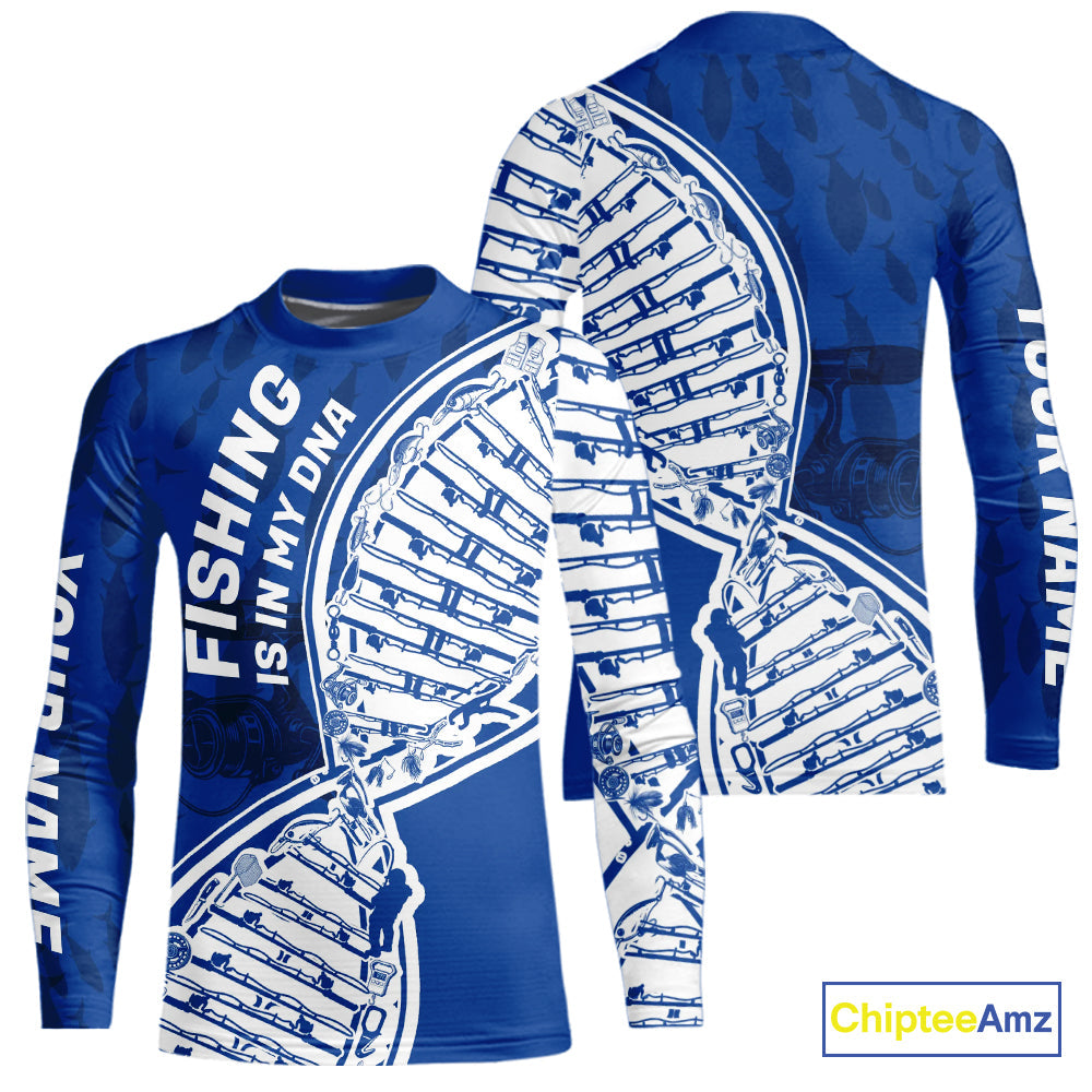 Blue And White Fishing Is In My DNA Custom Kid Long Sleeve Fishing Shirts, Fishing Tools DNA IPHW9172